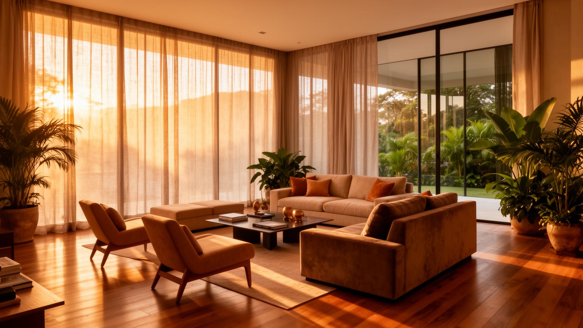 Sala iluminada de imóvel premium ao entardecer
